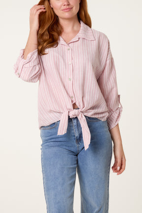 Cotton Blend Front Knot Striped Shirt
