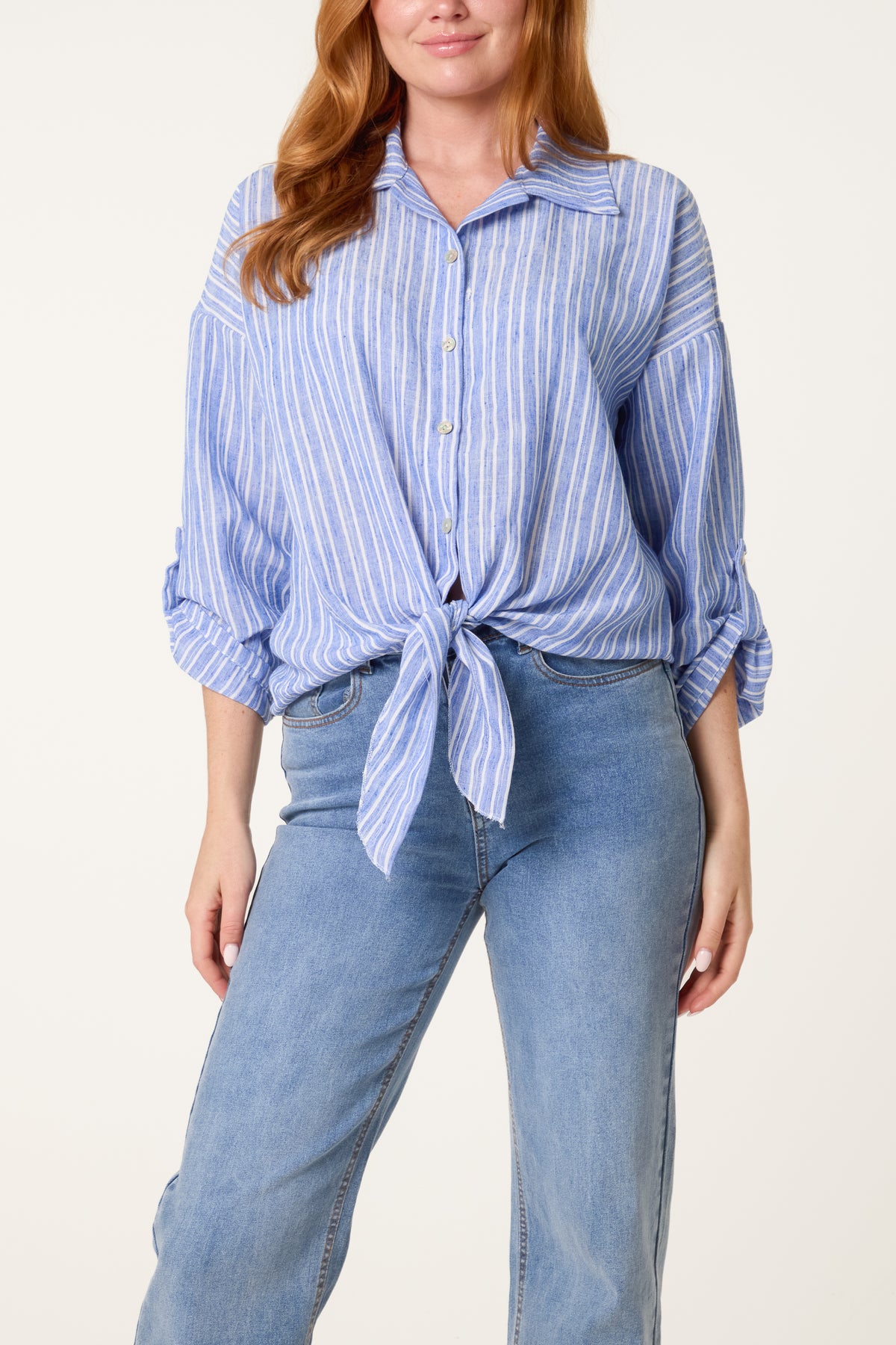 Cotton Blend Front Knot Striped Shirt