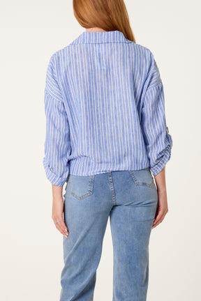 Cotton Blend Front Knot Striped Shirt