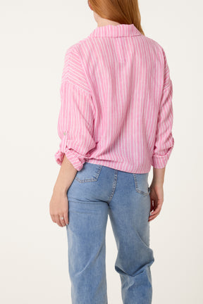 Cotton Blend Front Knot Striped Shirt