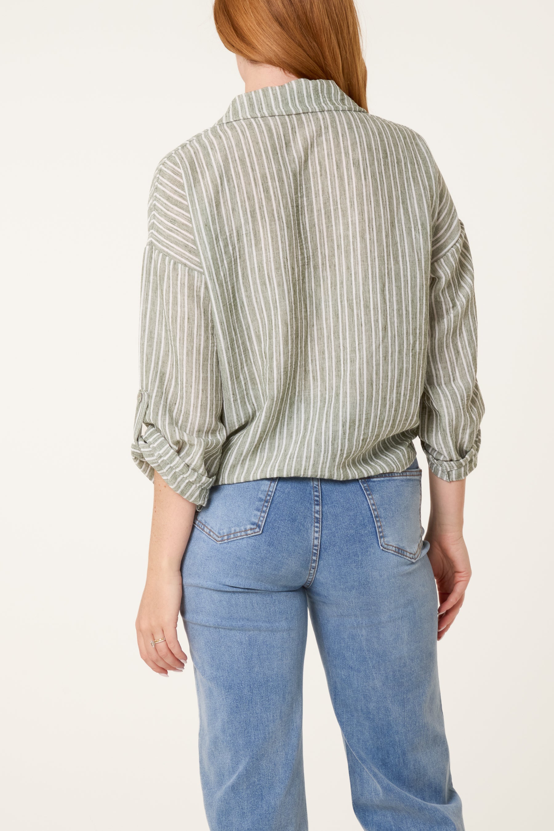Cotton Blend Front Knot Striped Shirt
