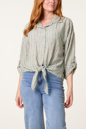 Cotton Blend Front Knot Striped Shirt