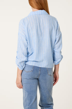 Cotton Blend Front Knot Striped Shirt