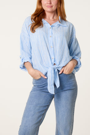 Cotton Blend Front Knot Striped Shirt