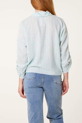 Cotton Blend Front Knot Striped Shirt