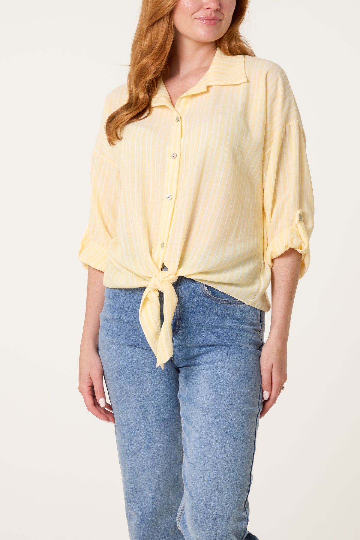 Cotton Blend Front Knot Striped Shirt