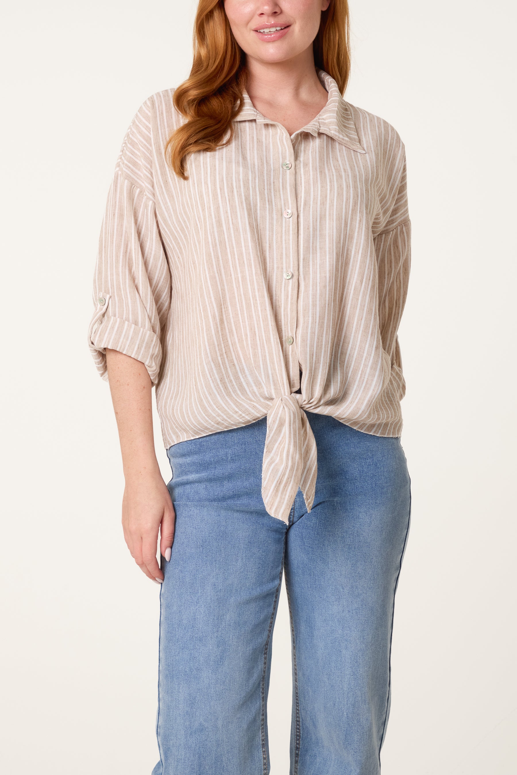 Cotton Blend Front Knot Striped Shirt