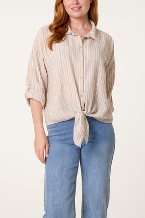 Cotton Blend Front Knot Striped Shirt