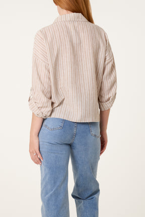 Cotton Blend Front Knot Striped Shirt