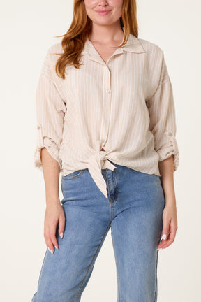 Cotton Blend Front Knot Striped Shirt