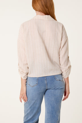 Cotton Blend Front Knot Striped Shirt