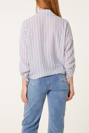 Cotton Blend Front Knot Striped Shirt