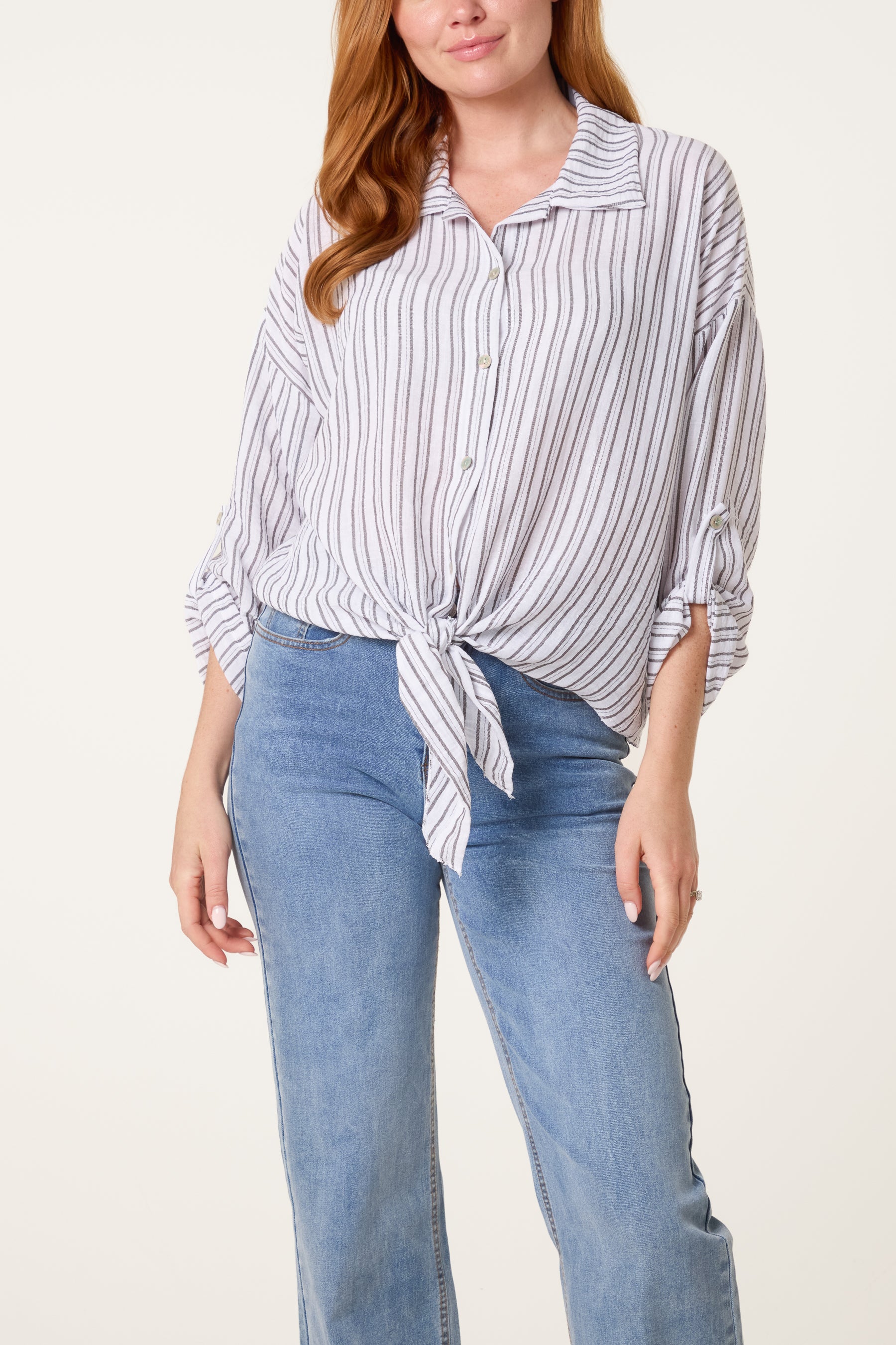 Cotton Blend Front Knot Striped Shirt