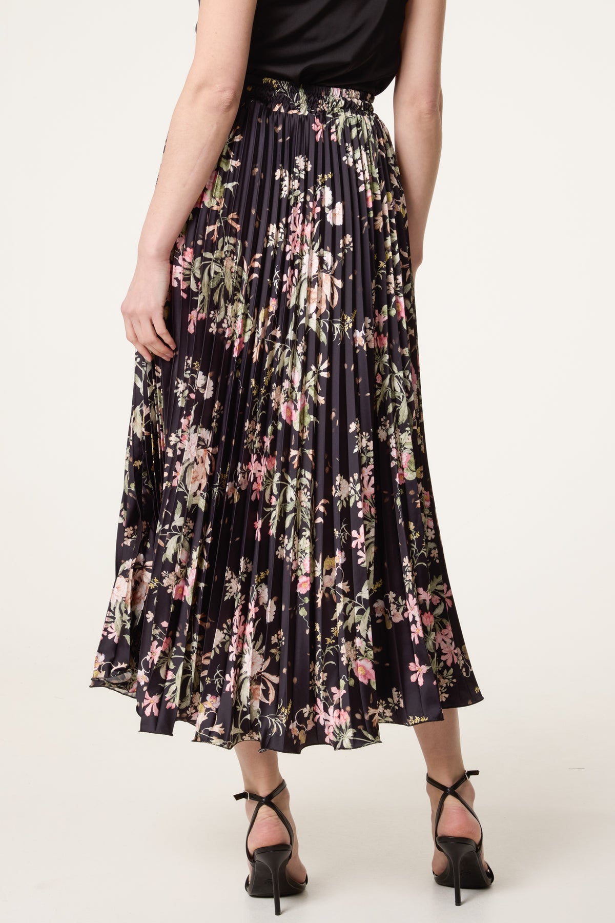 Floral Satin Pleated Midi Skirt