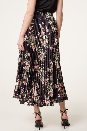 Floral Satin Pleated Midi Skirt