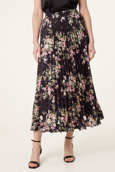 Floral Satin Pleated Midi Skirt