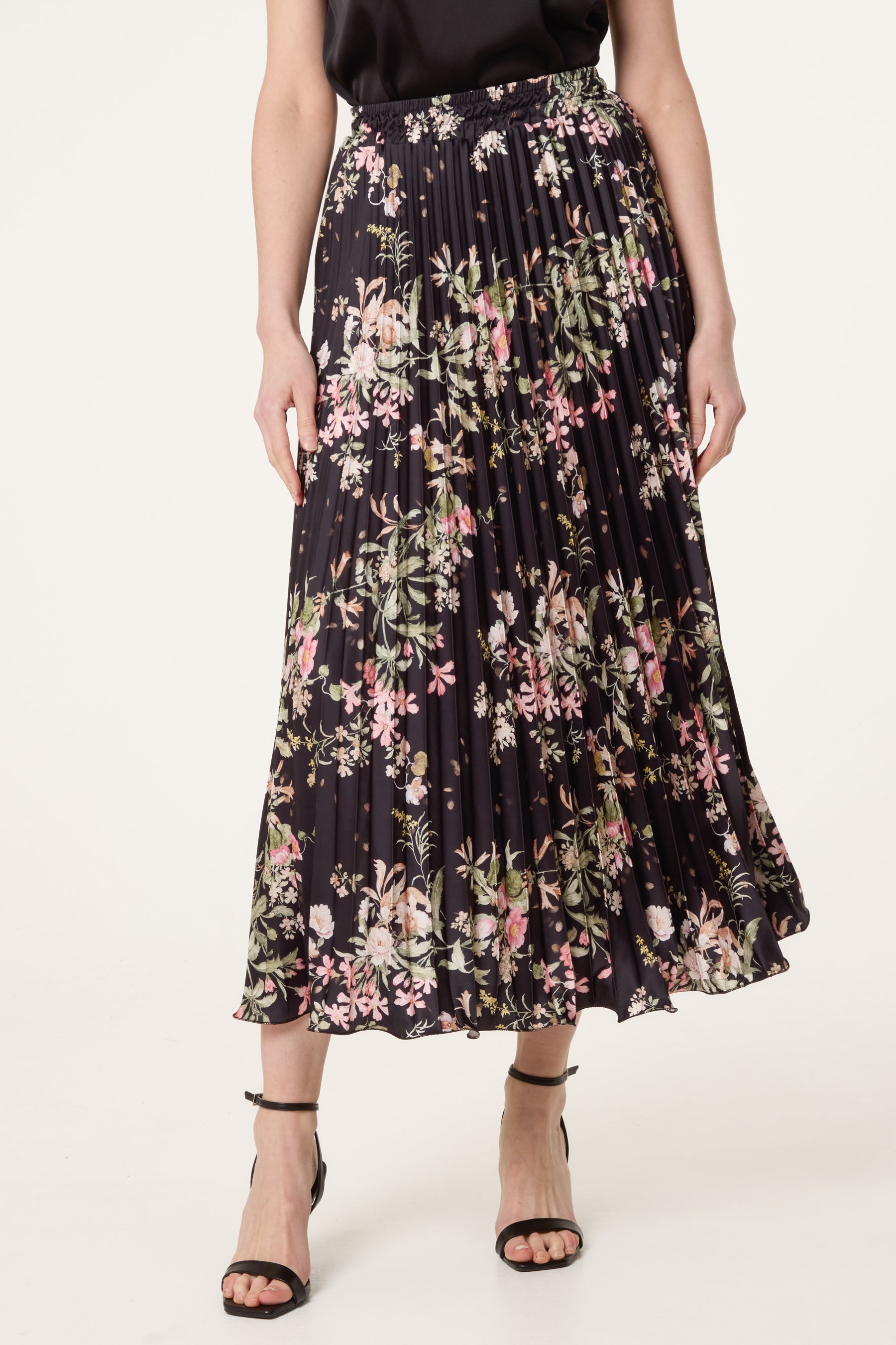 Floral Satin Pleated Midi Skirt