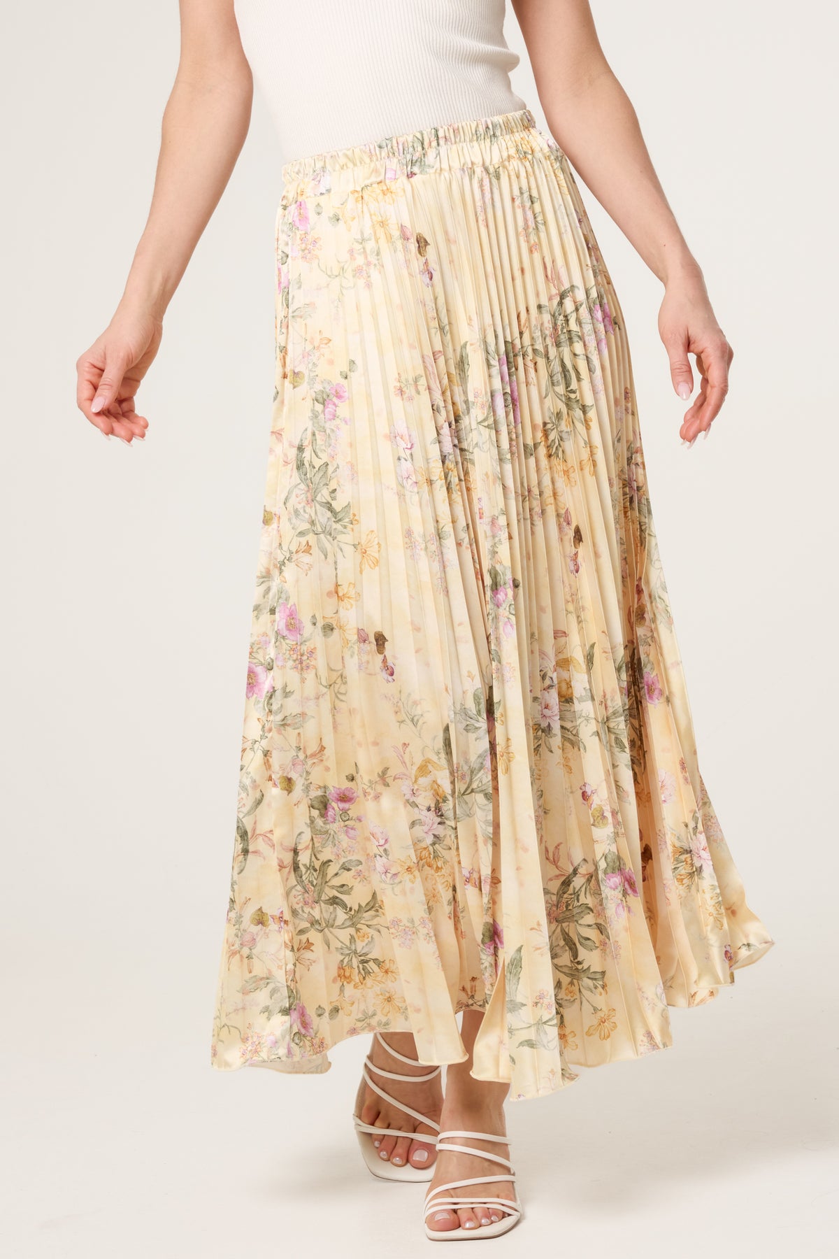 Floral Satin Pleated Midi Skirt