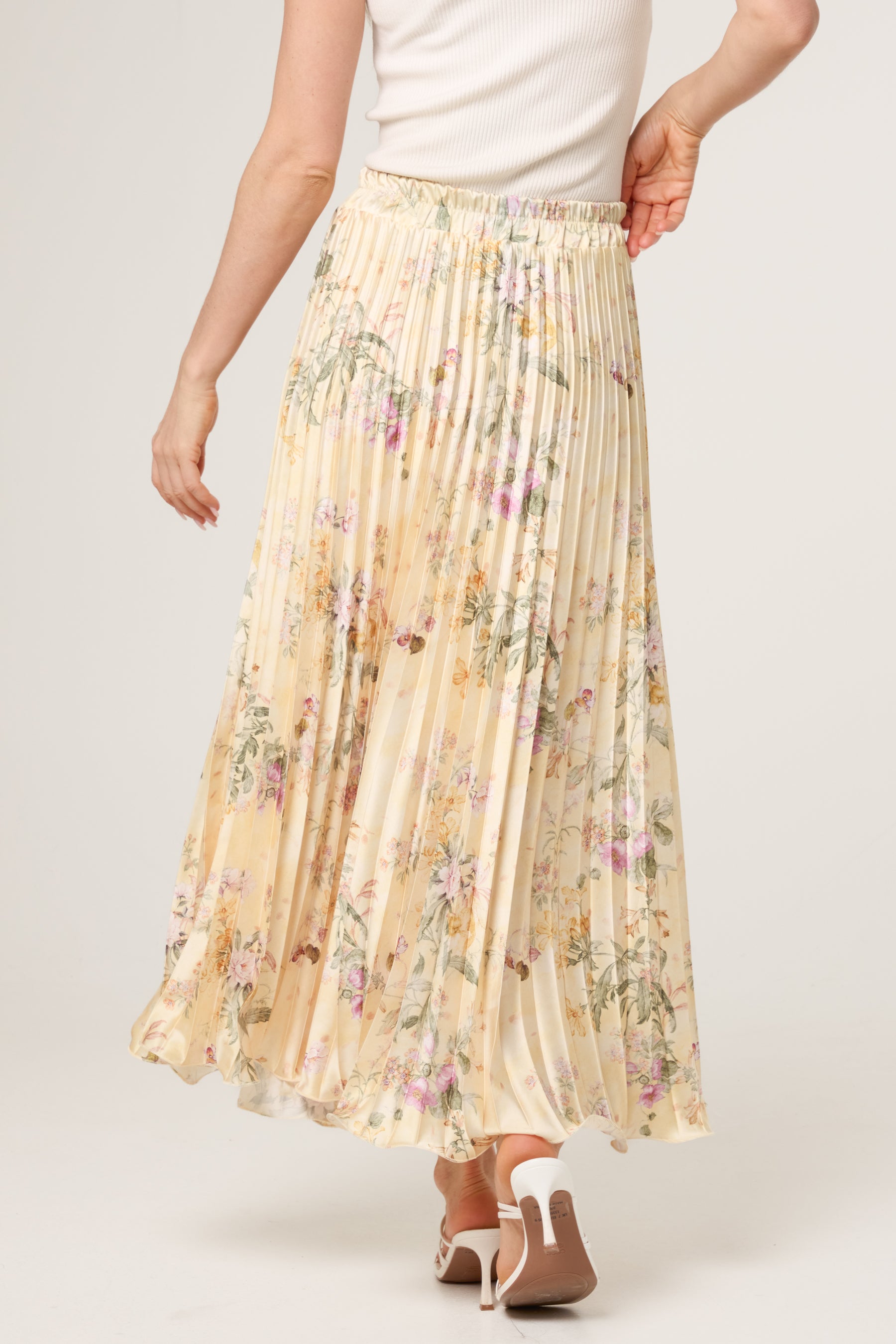 Floral Satin Pleated Midi Skirt