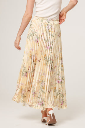 Floral Satin Pleated Midi Skirt
