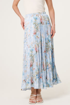 Floral Satin Pleated Midi Skirt