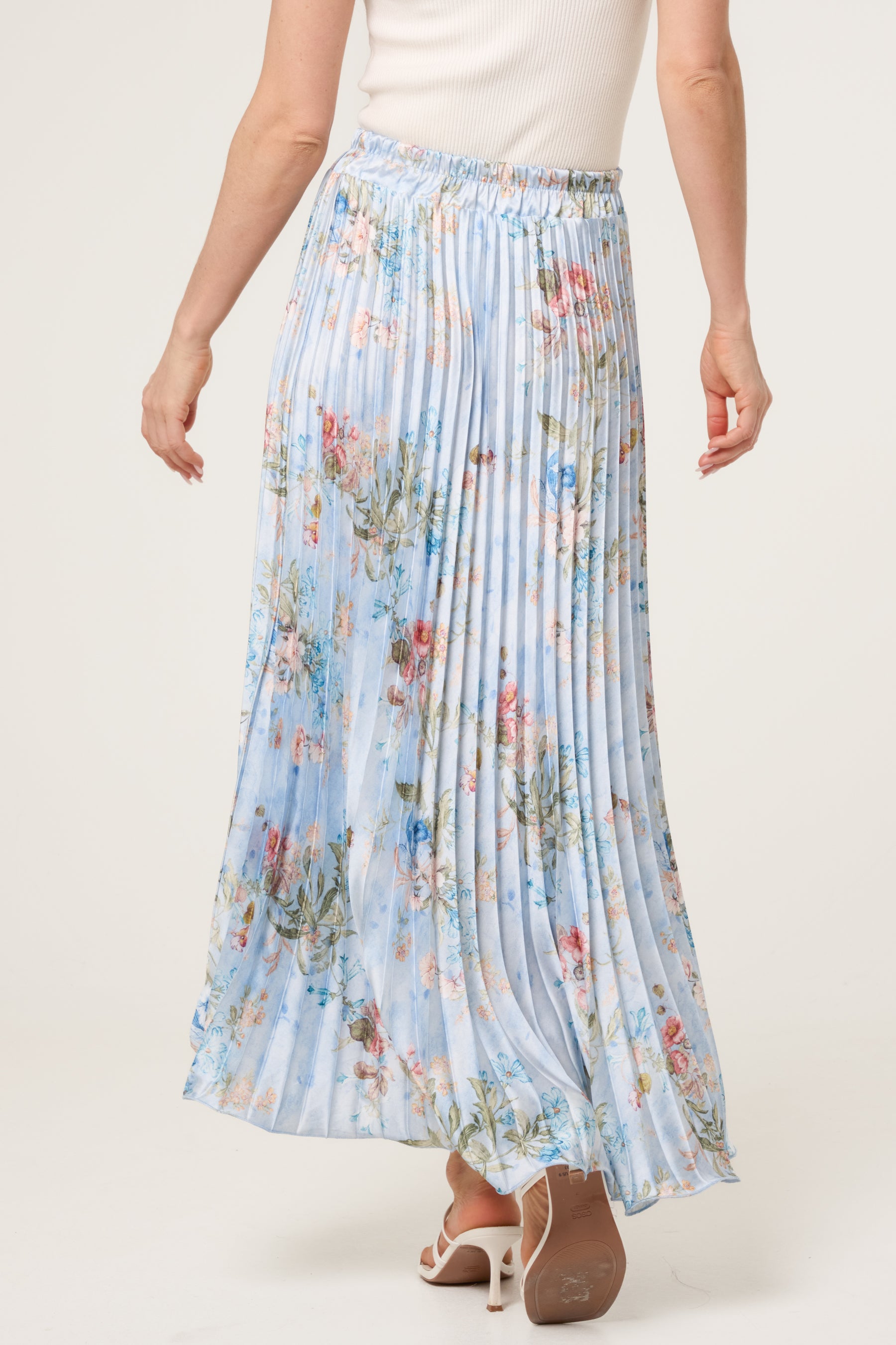Floral Satin Pleated Midi Skirt