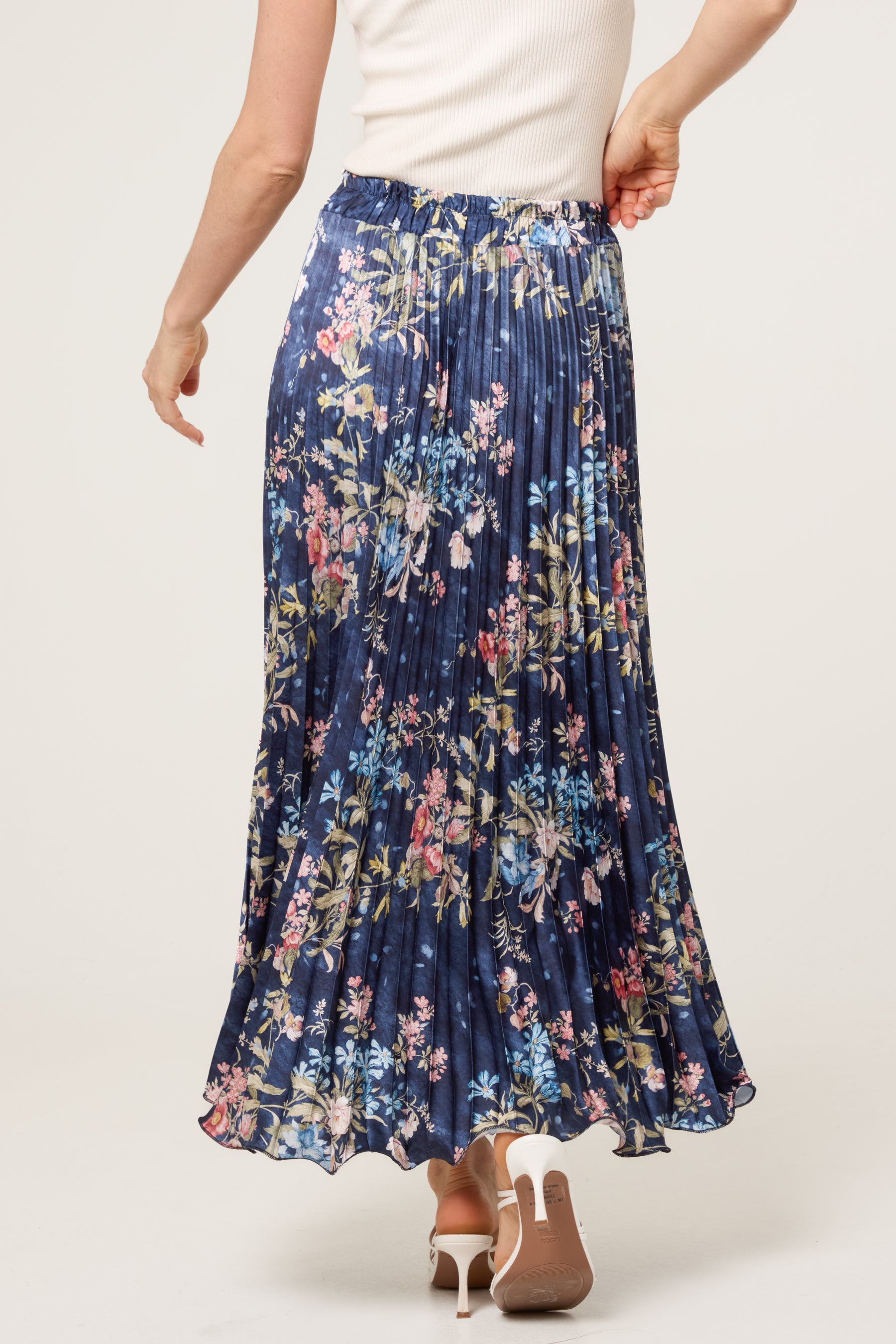 Floral Satin Pleated Midi Skirt