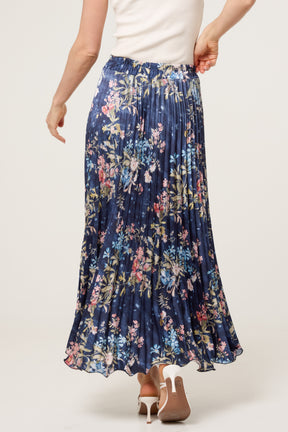 Floral Satin Pleated Midi Skirt