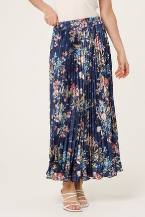 Floral Satin Pleated Midi Skirt