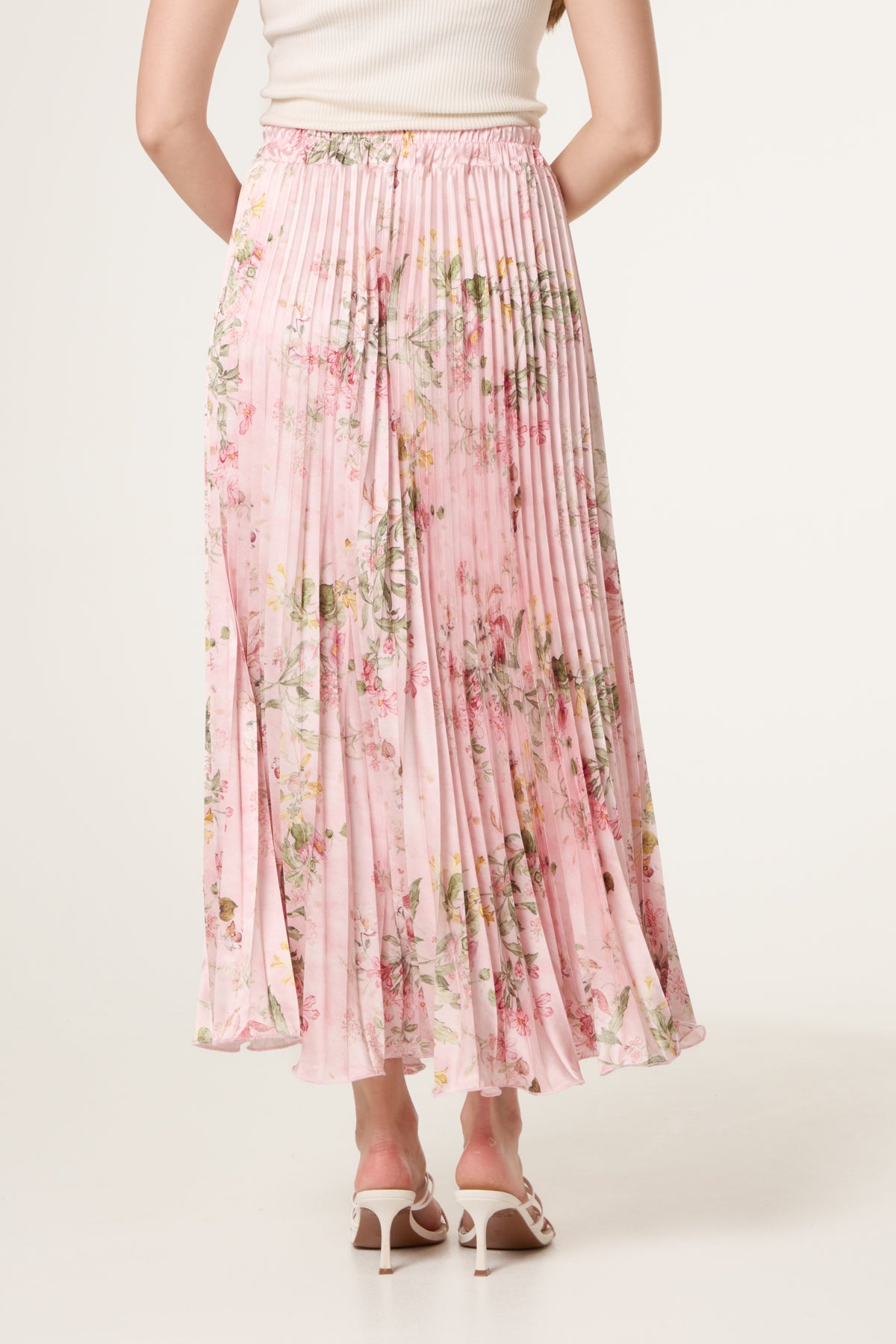 Floral Satin Pleated Midi Skirt