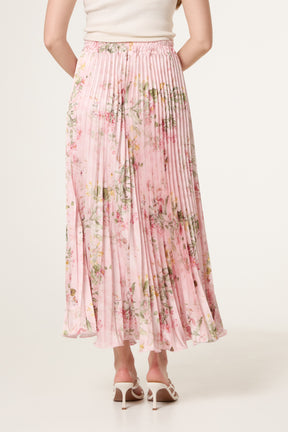 Floral Satin Pleated Midi Skirt