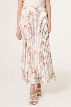 Floral Satin Pleated Midi Skirt