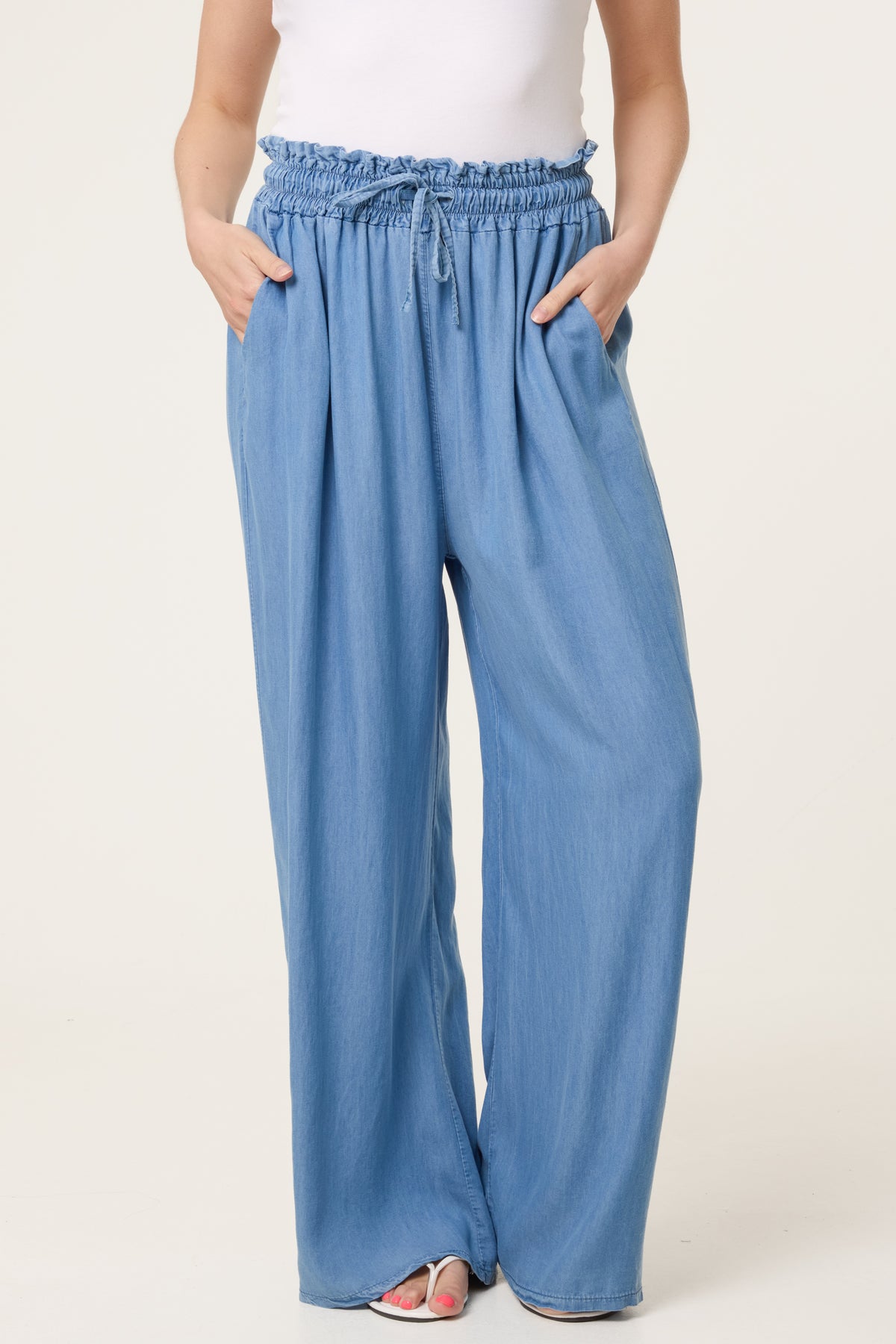 Drawstring Denim Wide Leg Trousers