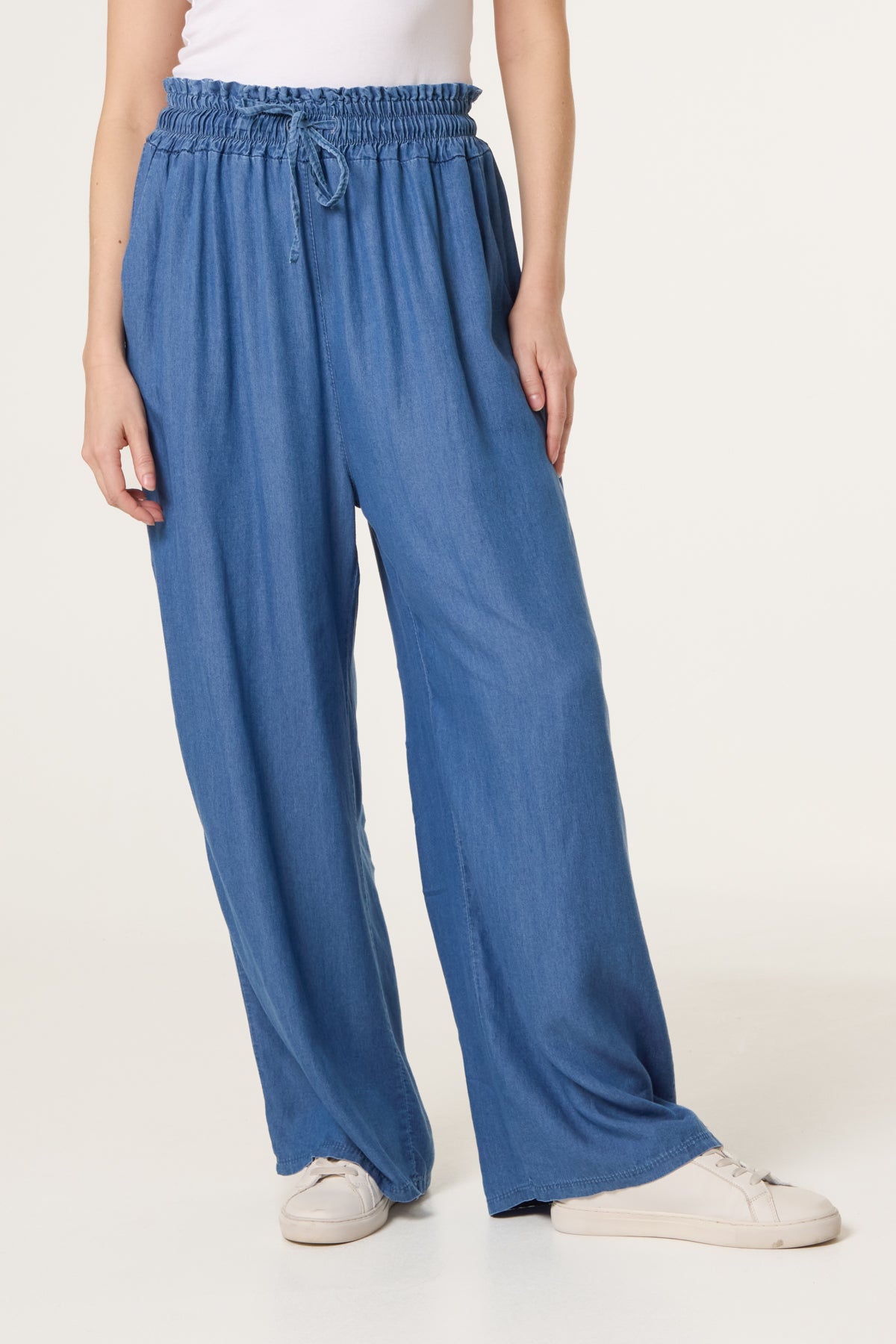 Drawstring Denim Wide Leg Trousers
