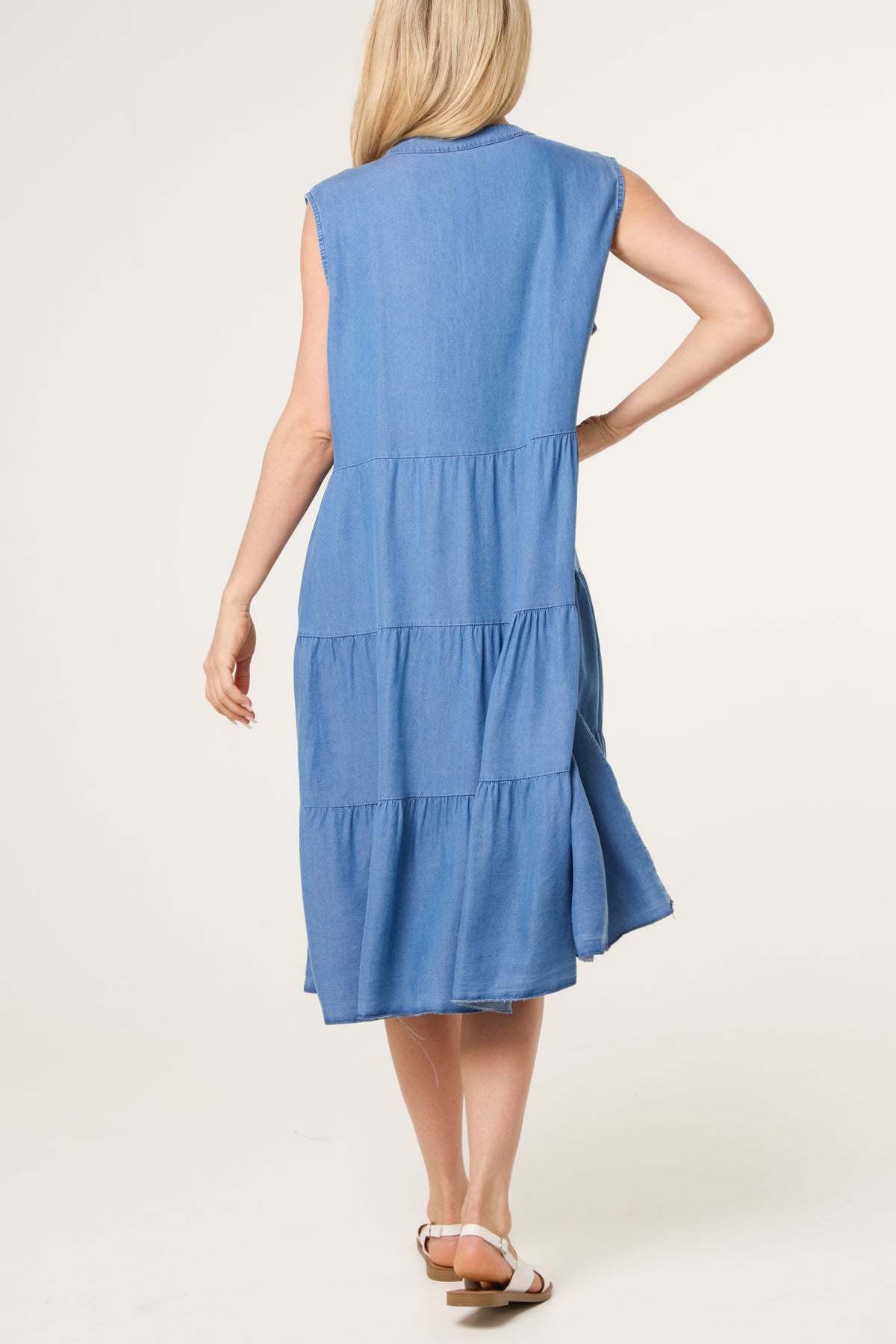 Sleeveless Tiered Denim Midi Dress