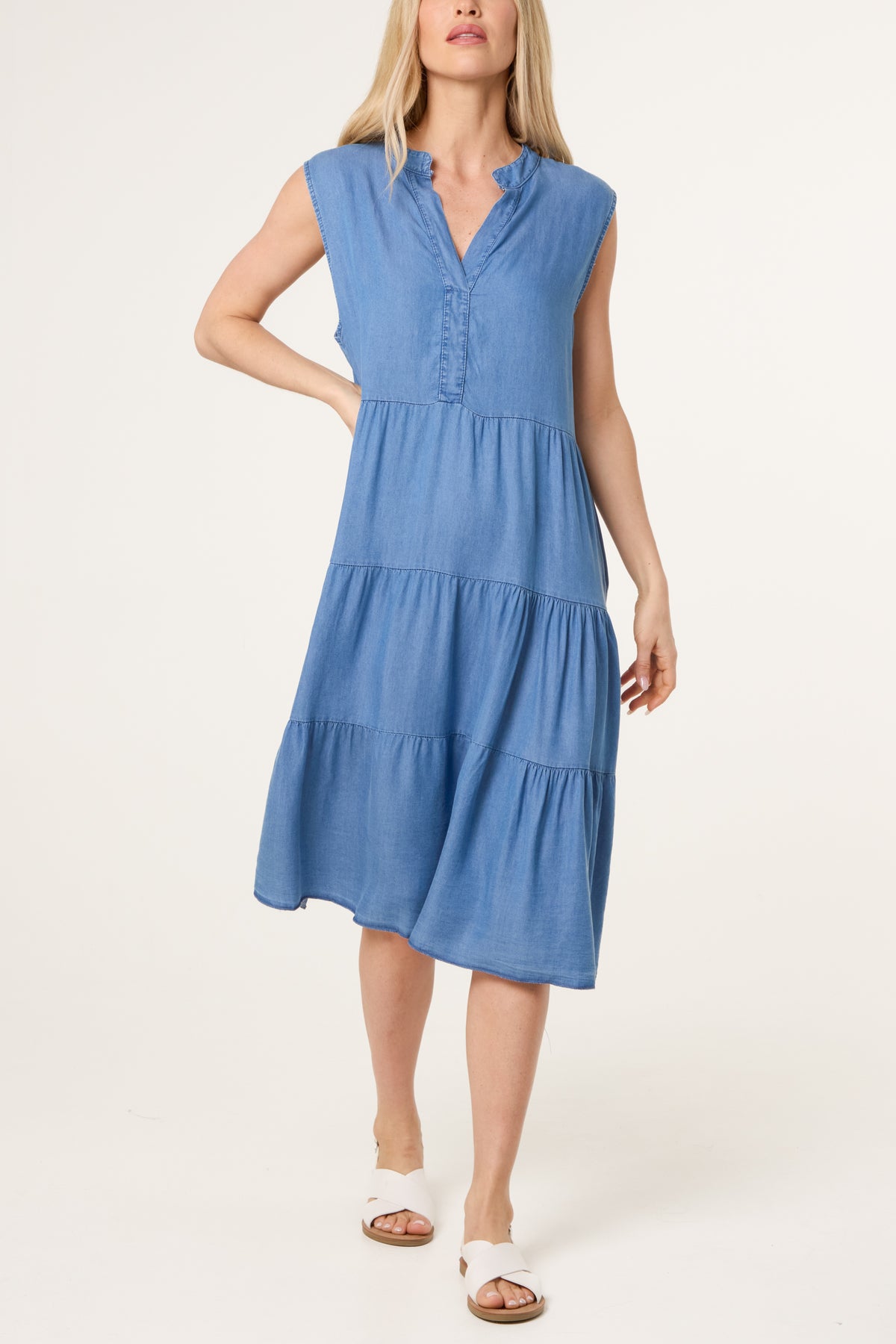 Sleeveless Tiered Denim Midi Dress