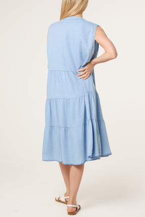 Sleeveless Tiered Denim Midi Dress