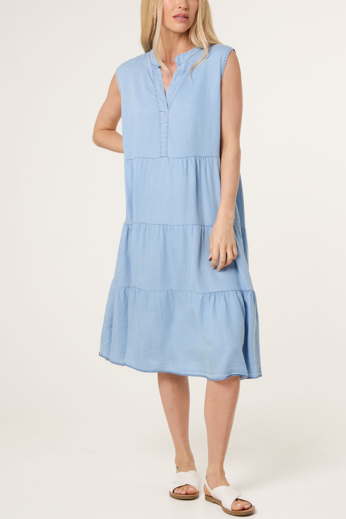 Sleeveless Tiered Denim Midi Dress