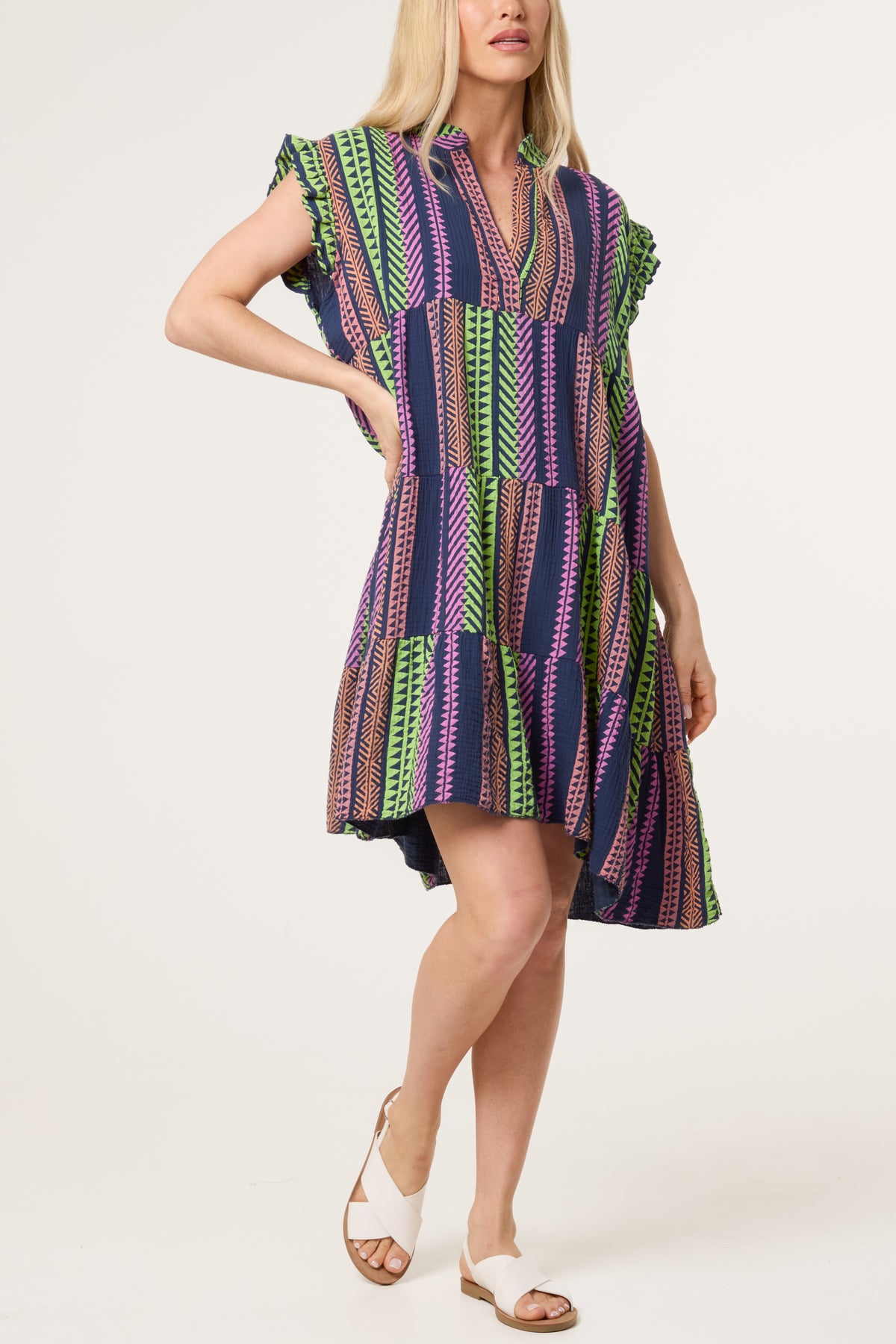 Aztec Cheesecloth Tiered Mini Dress