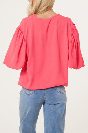 V-Neck Puffed Sleeve Blouse
