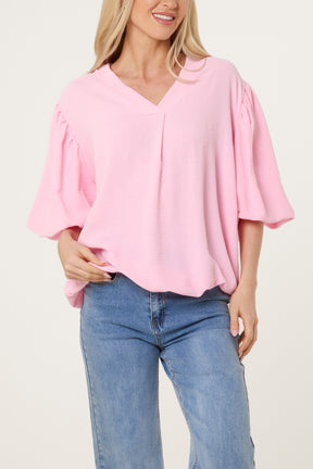 V-Neck Puffed Sleeve Blouse