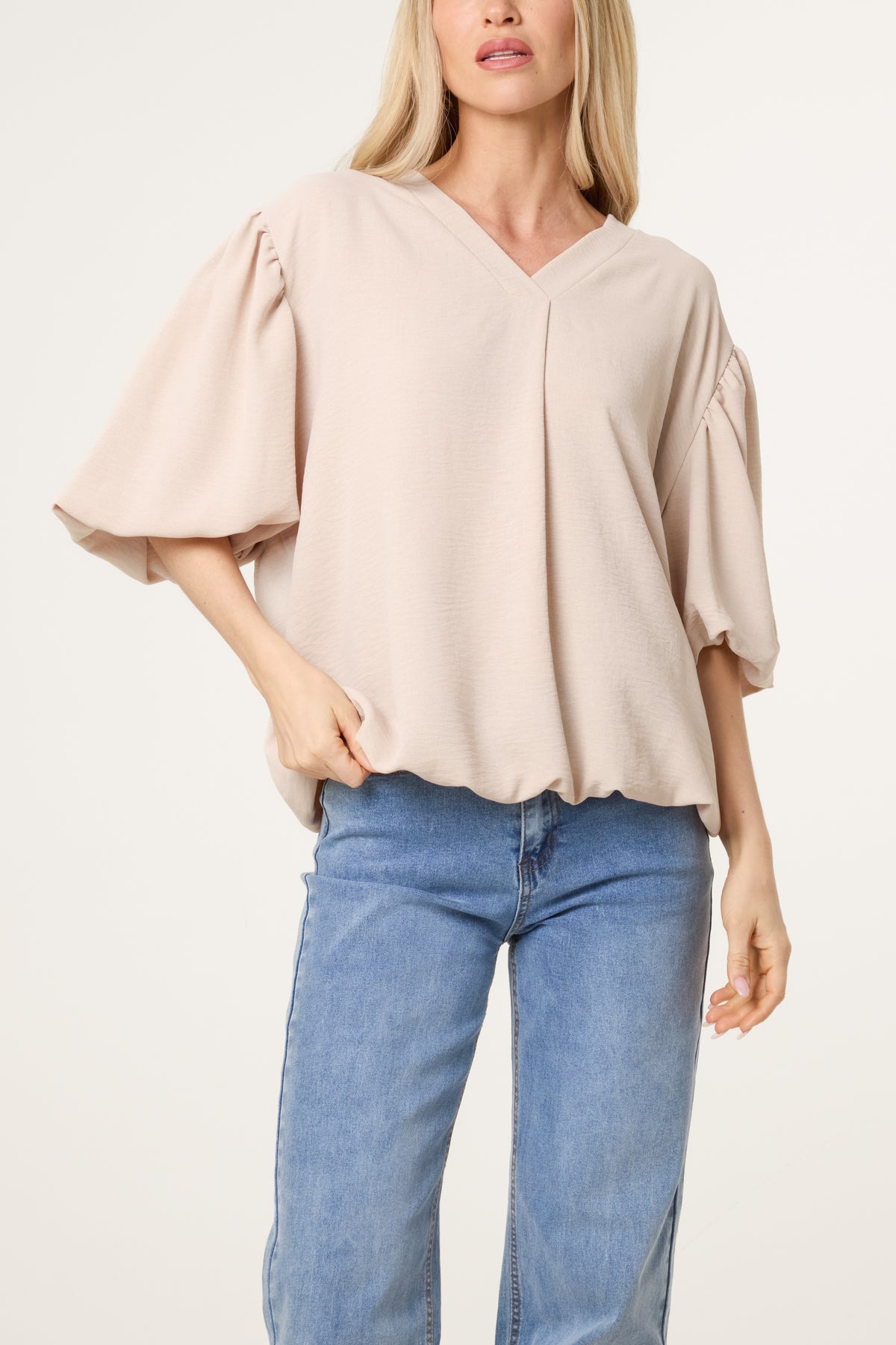 V-Neck Puffed Sleeve Blouse
