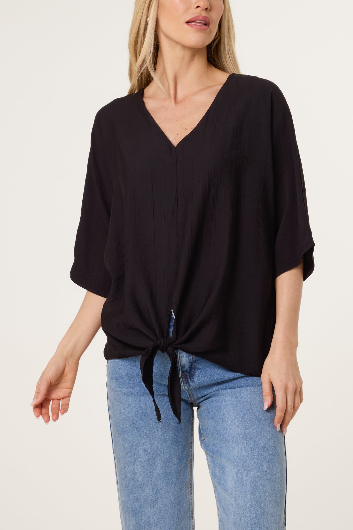 Crinkle Fabric V-Neck Front Knot Top