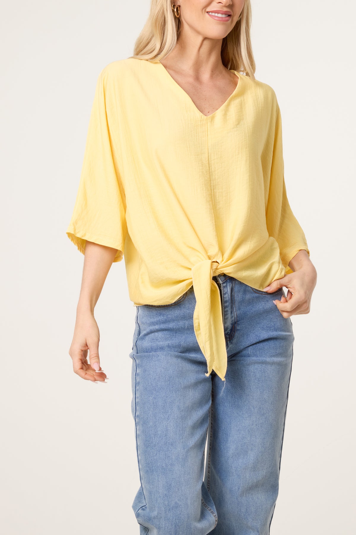 Crinkle Fabric V-Neck Front Knot Top