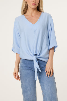 Crinkle Fabric V-Neck Front Knot Top