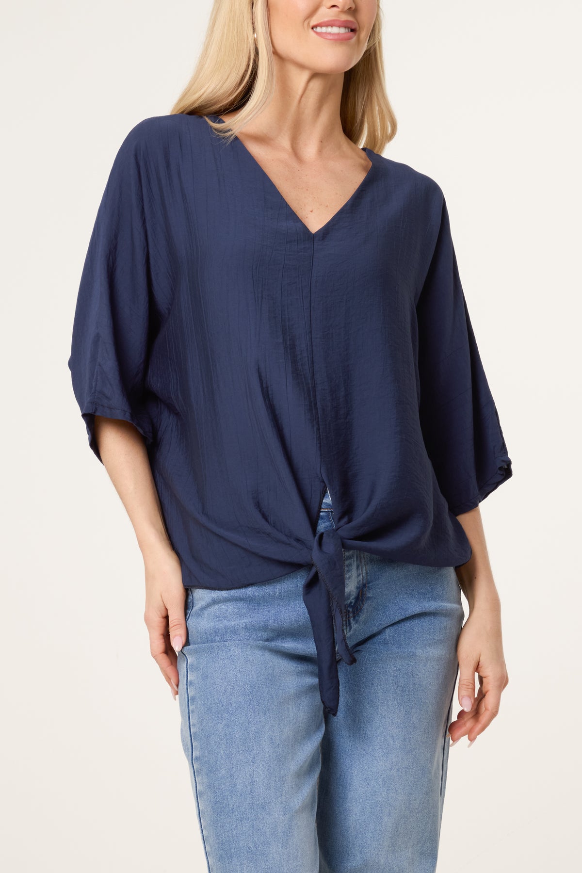Crinkle Fabric V-Neck Front Knot Top