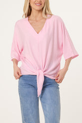 Crinkle Fabric V-Neck Front Knot Top