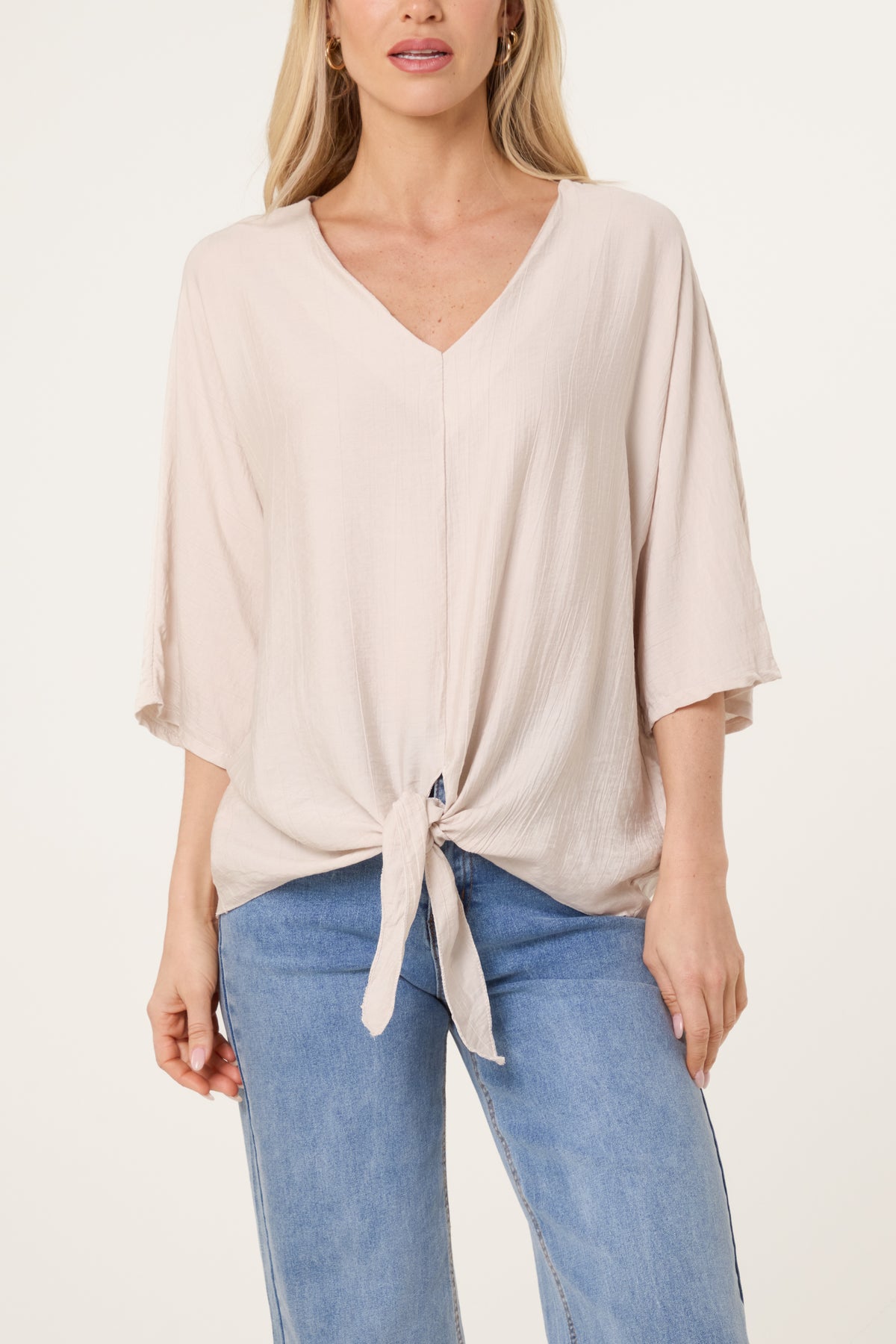 Crinkle Fabric V-Neck Front Knot Top