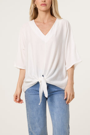 Crinkle Fabric V-Neck Front Knot Top