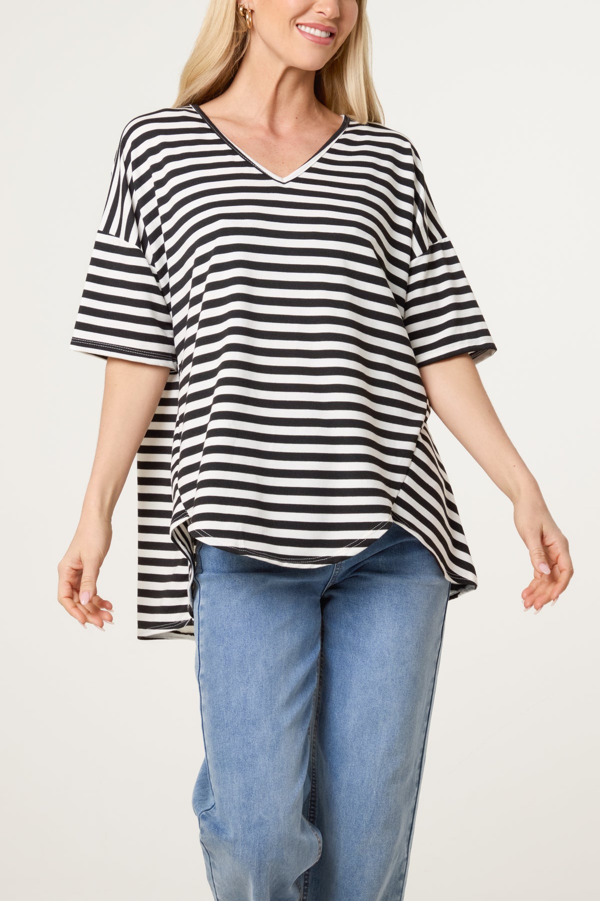 Cotton Blend V-Neck Striped T-Shirt